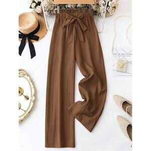 LUNE Women's Casual Solid Color Straight Wide-Leg Pants With Belt,Casual